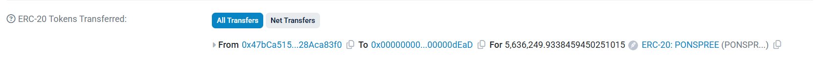 A screenshot of a blockchain transaction details page showing ERC-20 Tokens Transferred, with a large transfer of 5,636,249.93... tokens of 'PONSPREE (PONSPRE...)' from one address to a dead/burn address (0x000000...00000EaD).