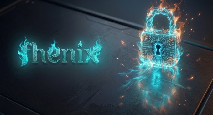 A stylized logo for 'fhenix' appears in glowing cyan letters on the left, next to a 3D padlock engulfed in cyan and orange flames on the right.