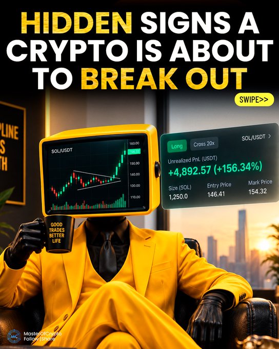 The image shows a person in a yellow suit holding a monitor displaying a candlestick chart for SOL/USDT (showing entry price of 146.41 and mark price of 154.32), alongside a trade card indicating a +156.33% gain (+4,892.57 USDT) on a 20x long position of 1,250 SOL, with the headline "HIDDEN SIGNS A CRYPTO IS ABOUT TO BREAK OUT." The visual directly illustrates the post's theme by showcasing a real example of a successful breakout trade, using the SOL/USDT chart and impressive profit as evidence of spotting the right signals before a major move.