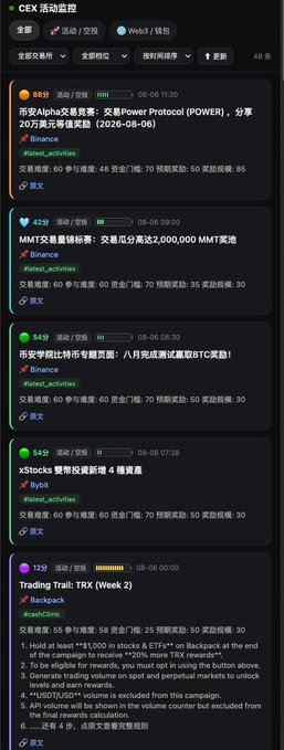 A mobile app screenshot showing CEX activity monitoring in Chinese, with entries for Binance listing 'Power Protocol (POWER)', MMT token volume exceeding 2,000,000 USDT, 'Bybit' news about ETF taking TRX, and a Backpack trading campaign 'Trading Trail: TRX (Week 2)'.