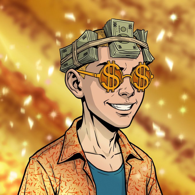 A comic-book style illustration of a smiling man with stacks of money strapped to his head, wearing dollar sign sunglasses, and an orange patterned shirt against a sparkly golden background.