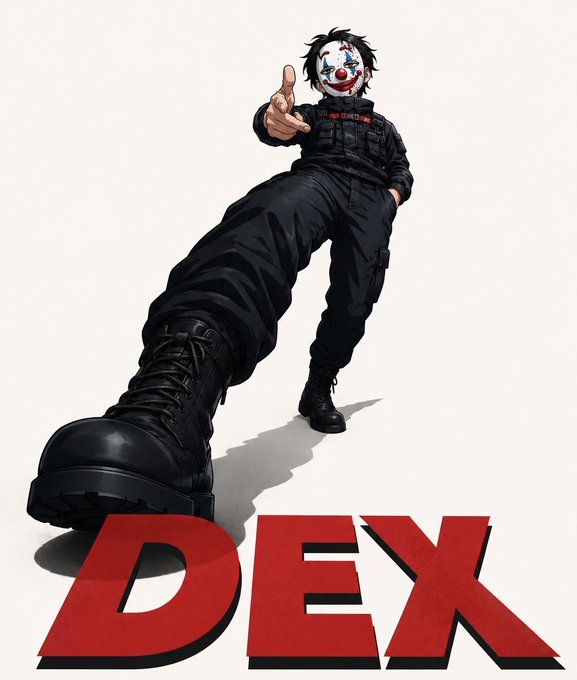 Comic book-style illustration of a character with a clown mask giving a thumbs-up while wearing black boots and tactical gear, with the red text 'DEX' displayed at the bottom.
