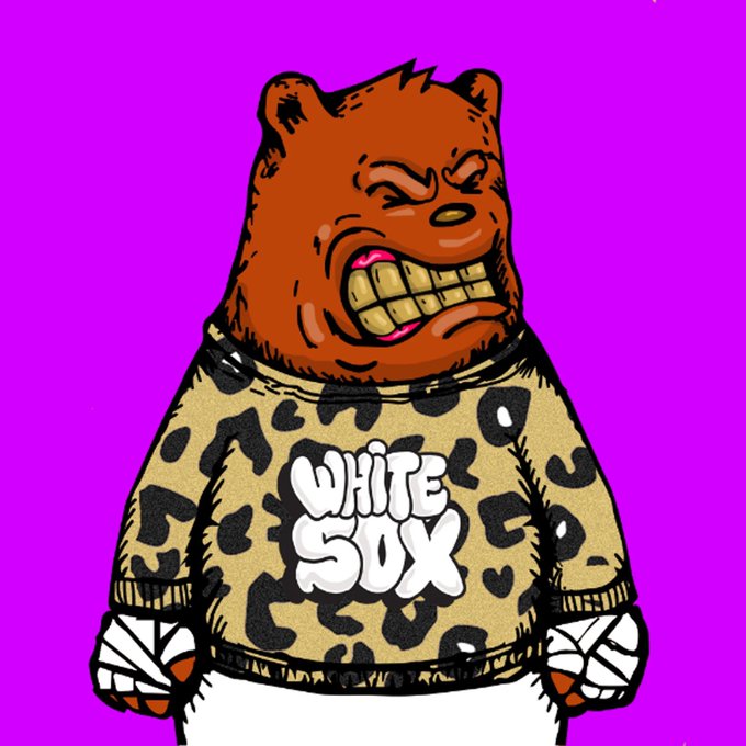 A cartoon illustration of an angry-looking brown bear with clenched teeth wearing a leopard-print 'WHITE SOX' jersey against a bright purple background.