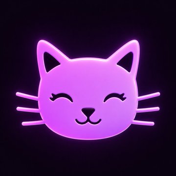 A glowing neon pink/purple 3D rendering of a cute cartoon cat face with closed smiling eyes, small triangular ears, and whiskers, set against a dark purple background.