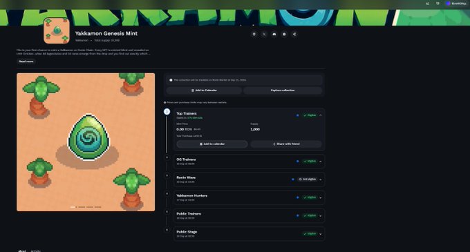 A screenshot of the 'Yakkamon Genesis Mint' collection page on a blockchain explorer, displaying a pixel-art egg graphic and various contract verification statuses.