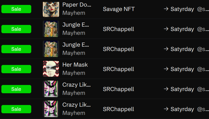 A list of NFT sales on 'Mayhem' including 'Paper Do...' by Savage NFT and several items by SRChappell, with 'Sale' buttons and 'Saturaday @s...' links.