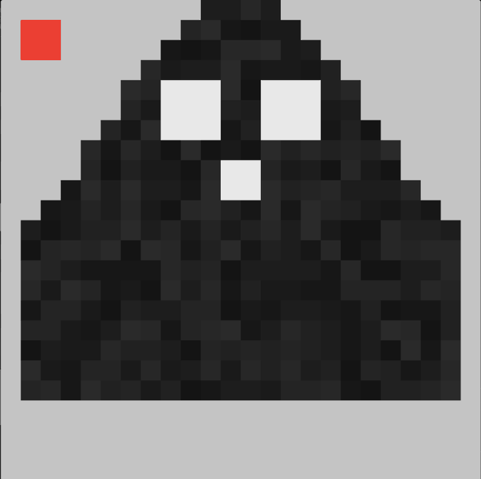 A pixel art image showing a black mountain-like shape with two white squares resembling eyes and one smaller white square resembling a mouth, with a red square in the upper left corner.