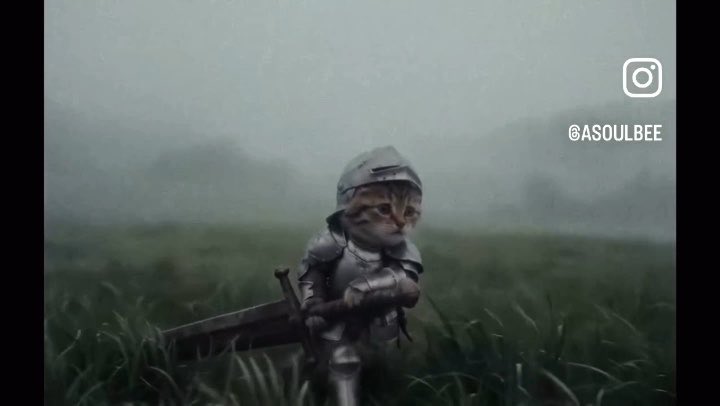 A meme image showing a cat's face digitally edited onto a soldier's body in armor, holding a weapon in a foggy field, with '@ASOULBEE' watermark.