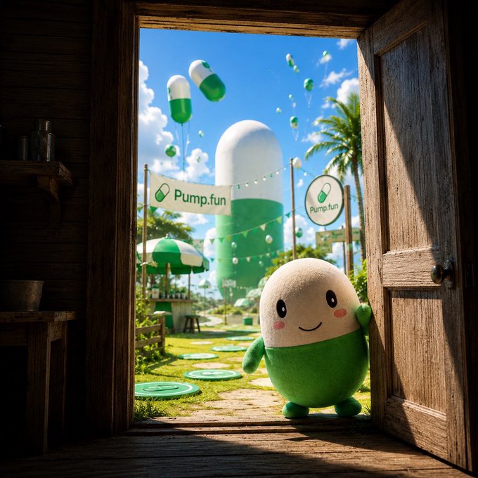 A 3D-rendered scene looking through a wooden doorway at a smiling pill-shaped mascot in a green outdoor setting with banners reading 'Pump.fun'.