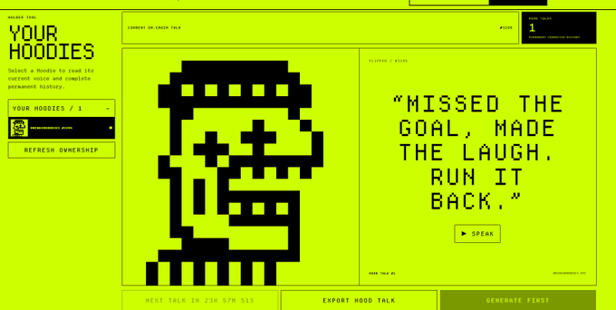 A bright green pixel-art themed webpage titled 'YOUR HOODIES' displays a hooded character and the quote 'MISSED THE GOAL, MADE THE LAUGH. RUN IT BACK.'