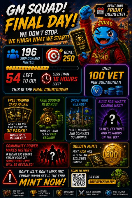 A promotional poster for 'GM SQUAD! FINAL DAY!' NFT event ending Friday 00:00 CET, showing 196 of 250 goal Squadoanians minted with 54 left and less than 16 hours remaining, offering free trading cards, squad rewards, and village building.