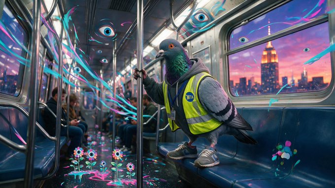 An anthropomorphic pigeon wearing a "MTA" safety vest and sneakers grips a subway pole, standing amid a surreal train car filled with floating eyes, colorful flowers, and pink paint splatters, with the Empire State Building visible through the window at sunset—evoking the "time to lock in" grind of NYC commuting amid chaotic sensory overload.