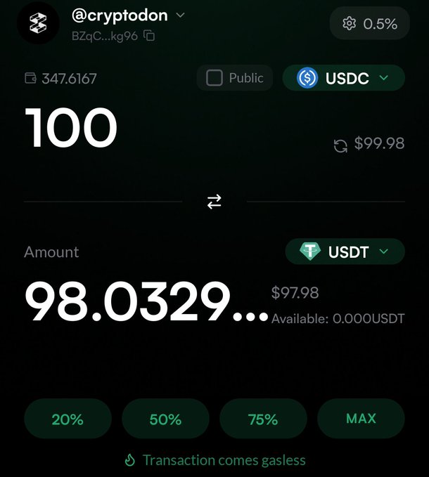 The image shows a screen displaying a coin trading calculator, which is used by a cryptocurrency called @veilolayer. The calculator provides information about trading fees for exchanging cryptocurrencies. The calculator displays that 100 units of the cryptocurrency being exchanged will cost 98.0 units of currency, and transactions come with no fees, except for the $1 charge for stablecoins such as usdt. The image also includes a social media post by @veilolayer, which talks about privacy in cryptocurrency trading platforms like theirs.