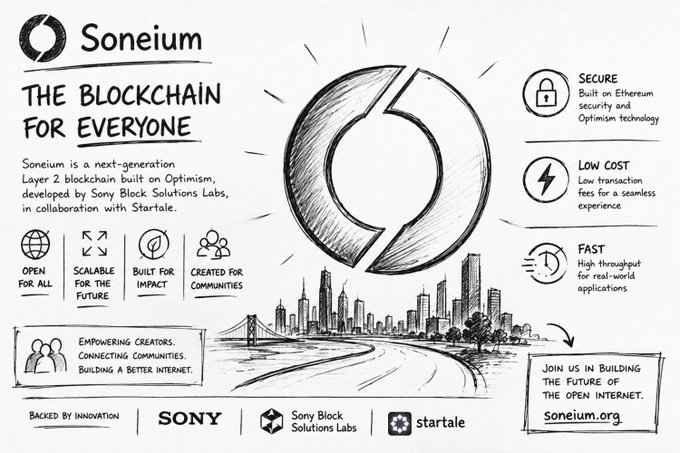 A hand-drawn-style promotional sketch for **Soneium** — "The Blockchain for Everyone" — highlighting it as a next-generation Layer 2 blockchain built on Optimism by Sony Block Solutions Labs in collaboration with Startale, featuring a sketched city skyline, the Soneium logo, and key benefits like **Secure** (Ethereum security/Optimism tech), **Low Cost**, and **Fast** transactions, with the tagline "Open for All, Scalable for the Future, Built for Impact, Created for Communities," directing viewers to soneium.org.

The image visually reinforces the post's message of Soneium bridging emotion and technology by combining human/community-focused values with a futuristic urban skyline, symbolizing an inclusive, real-world-ready blockchain for billions.