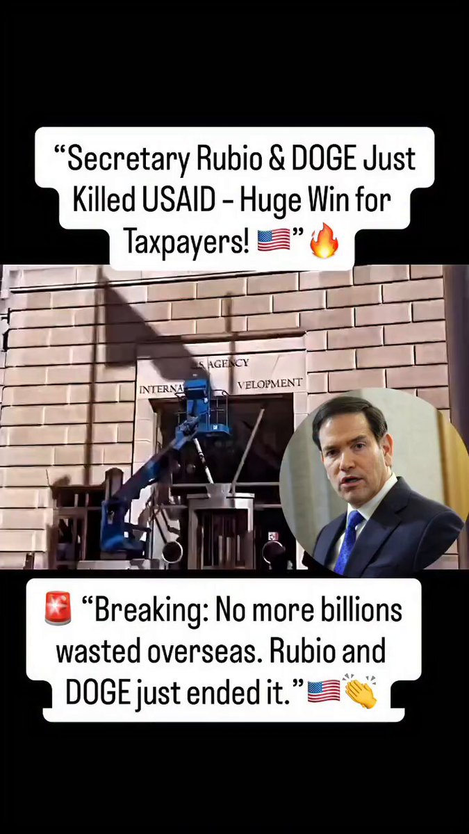 The image features a post about a man named Rubio, who was killed by the US government for his political views. The post includes a photo of the building where he was shot along with an image of him standing next to the building. The caption reads "@DOGE Just killed US aid - Huge win for Taxpayers!".