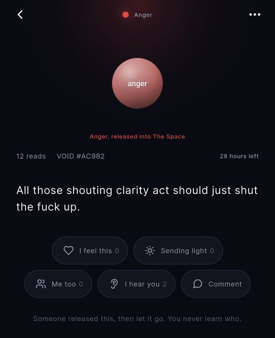 A screenshot from a venting app showing a red sphere labeled "Anger" with the message "All those shouting clarity act should just shut the fuck up," noted as VOID #AC982 with 28 hours left and options to respond.
