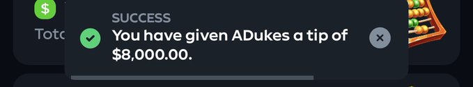 A success notification confirming an $8,000.00 tip sent to user "ADukes," visually supporting the post's claim of an $8,000 airdrop giveaway from @SirGamby to a Gamdom user.