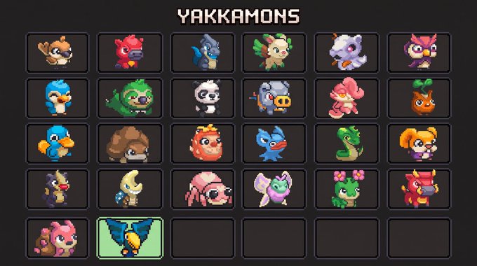 A grid titled "YAKKAMONS" displays various pixel-art creatures, with a new blue-winged, banana-beaked creature highlighted in slot 26 with a green border, matching the post's announcement of a newly added Yakkamon.