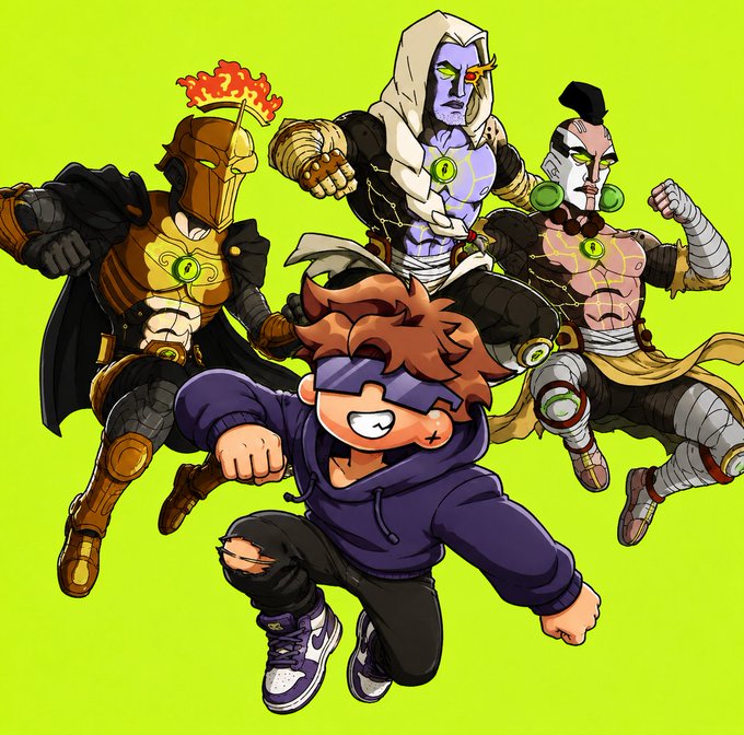 Colorful digital illustration on a bright green background featuring four cartoon characters: a boy in a purple hoodie in front and three warrior-like figures with armor and masks behind him.
