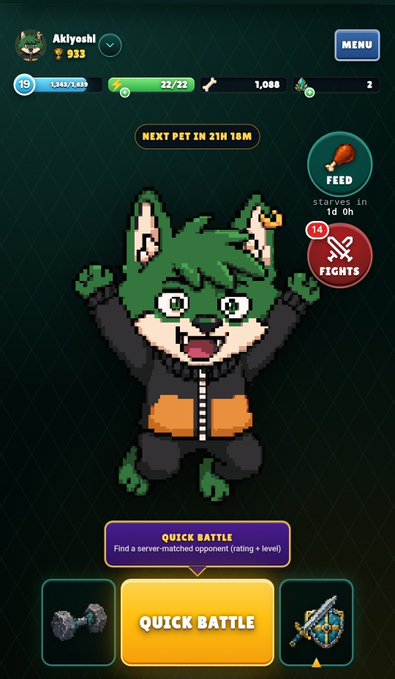 The image features a cartoon cat character, wearing an orange jacket and black pants, standing against a dark green background. The cat appears to be jumping up into the air with its arms raised high above its head. In front of the cat, there is a yellow button that says "Quick Battle" in white text. There are also several other buttons visible on the image, including one labeled "Feed", another named "Next Pet", and a third one called "Training". The background includes a green wall with a gold border, as well as some text elements such as "I thought my @wolfswapwolfies in @wolfswapdotapp can be used for amplifying the aura of the character" and "Backed from the real utility".