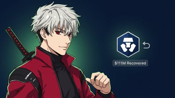 An anime-style character with white hair and red eyes in a red jacket stands next to a logo and text that reads '$111M Recovered'.