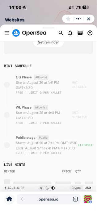 A mobile browser screenshot of OpenSea showing a mint schedule with OG Phase, WL Phase, and Public stage all listed as FREE with a limit of 0 per wallet, indicating the user is eligible for the public stage starting August 26.