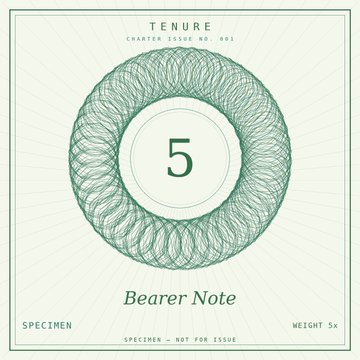 The image shows a specimen "Bearer Note" from **Tenure** (Charter Issue No. 001) featuring an intricate green geometric wreath design surrounding the number **5**, marked as a specimen with a 5x weight for display purposes. It relates to the post by previewing one of the upcoming mints from @TenureVault, highlighting the artistic design of their bearer note.