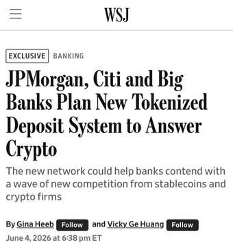 The image shows an article about tokenized deposits by major banks like JPMorgan, Citi, Bank of America, and Wells Fargo. The text indicates that these banks are planning to introduce tokenized depositing services for their customers. This development could potentially help banks compete with other companies in the market while also providing a more convenient way for customers to access their funds through digital platforms.