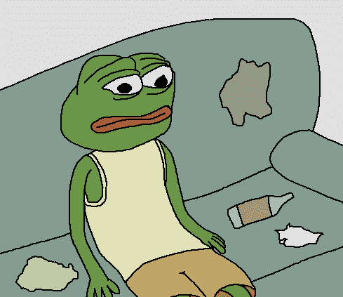 The image shows a melancholy Pepe the Frog cartoon character slouched on a messy couch surrounded by tissues and an empty bottle, visually embodying the feeling of having "slept thru the entire bull run" by missing out on cryptocurrency gains.