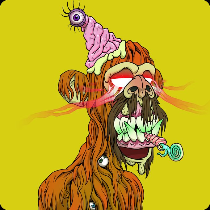 A surreal, grotesque cartoon illustration of a hairy orange creature with a brain topped by an eyeball, crying red tears, and exposing green teeth and a pink worm-like tongue against a yellow background.