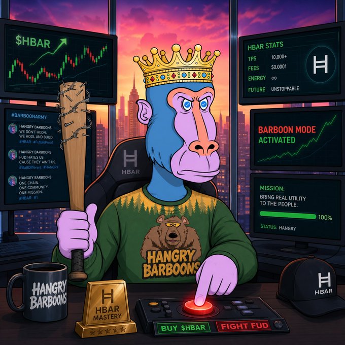 The image features a cartoon monkey sitting at a desk with a computer monitor in front of him. The monkey has a baseball bat in his hand and is wearing a green sweater. On the desk, there are two keyboards and a cup. A banner above the monkey reads "GM $HBAR", which could be related to the post about GM $HBAR or another product.