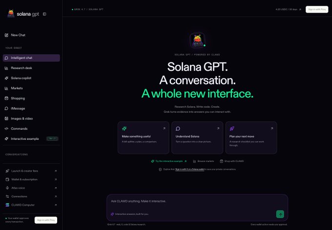A dark-themed interface for 'Solana GPT', described as 'A conversation. A whole new new interface.', featuring options for research and chat powered by Claws.