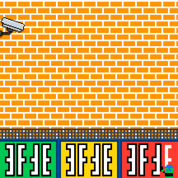 A pixel art image showing an orange brick wall background with a security camera in the upper left and three colorful banners at the bottom displaying mirrored 'OFFE' text in green, yellow, and red.