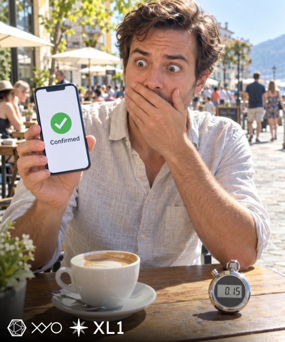 A man sits at an outdoor café holding a smartphone displaying a green checkmark and 'Confirmed' text, looking surprised with his hand over his mouth; a cappuccino and a timer reading '0:15' are on the table.