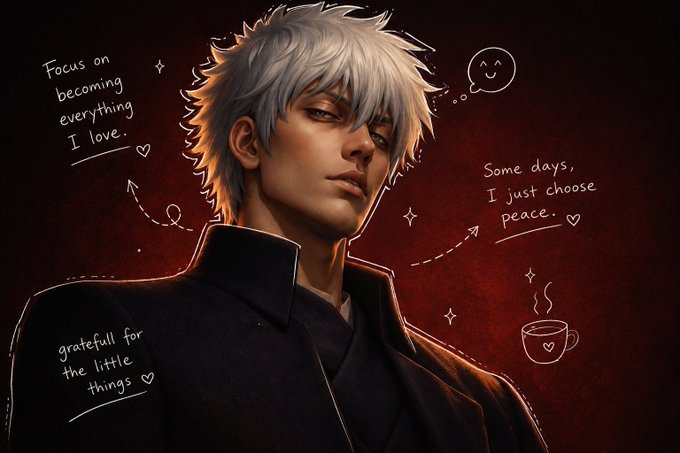 An anime-style illustration of a silver-haired man with a halo accompanies text bubbles reading 'Focus on becoming everything I love.', 'Some days, I just choose peace.', and 'grateful for the little things'.
