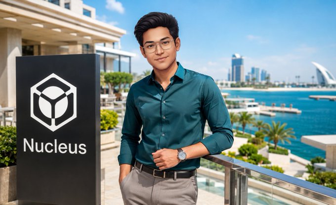 A man in a teal shirt and glasses stands on a balcony overlooking a marina, posing next to a black sign displaying the "Nucleus" logo, visually representing the brand mentioned in the post about creator amnesia in Web3 campaigns.