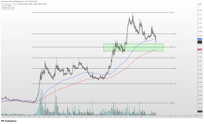 A TradingView price chart for ENA/USDT on Binance displays recent price action with key Fibonacci retracement levels marked, including 0.382 at $0.2120—highlighted by a green shaded zone—suggesting the $0.21 level as a potential support area of focus. The chart shows the price pulling back toward this zone, aligning with the post's interest in the $0.21 level.