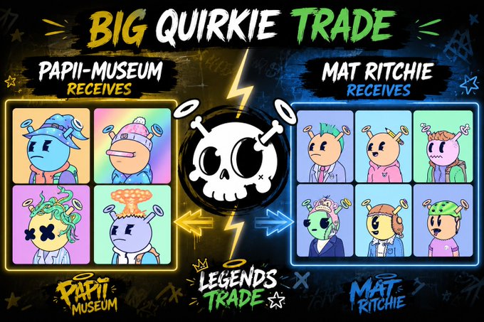 The image is a graphic promoting a "BIG QUIRKIE TRADE" between the Papii-Museum and Mat Ritchie, displaying the NFT characters being exchanged on each side around a skull logo. It visually highlights the legendary trade, showcasing the traits being swapped as described in the accompanying post, including the Wizard Hat, Pink Vision, and MindBlown characters sent to Mat Ritchie.