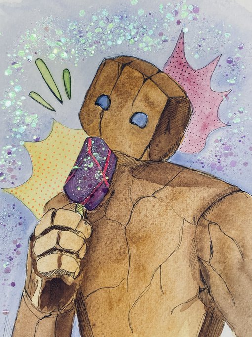 A mixed-media comic illustration showing a muscular, stone-like humanoid figure holding a purple popsicle, set against a splattered watercolor background.