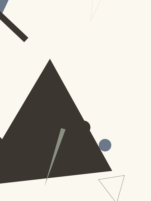 A minimalist abstract digital artwork featuring a large dark triangular shape on a cream background, accompanied by smaller geometric elements including a gray-green triangular accent, a small blue-gray circle, and scattered line shapes, likely serving as the visual representation for the listed NFT artwork on OpenSea.
