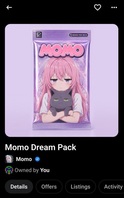 Digital collectible card titled 'Momo Dream Pack' featuring an anime girl with pink hair holding a black cat, owned by the user.