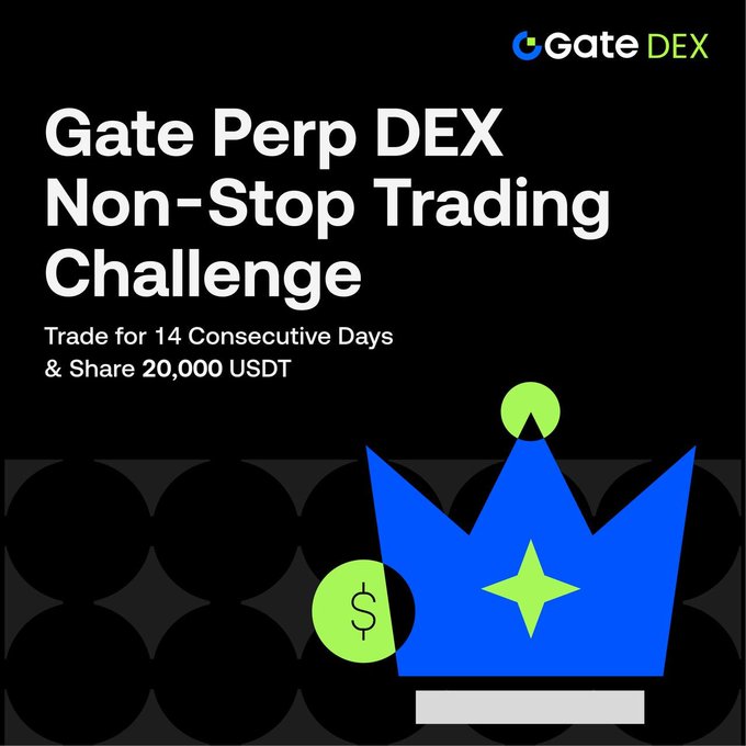 The image features an advertisement for Gate Perp DEX Non-Stop Trading Challenge. The text at the top of the image announces that this challenge allows users to trade for 14 consecutive days to earn a reward of $6,000 USDT. The logo is displayed in green and white colors. There are several black circles with dots scattered around the post, possibly representing symbols or numbers related to trading or finance.