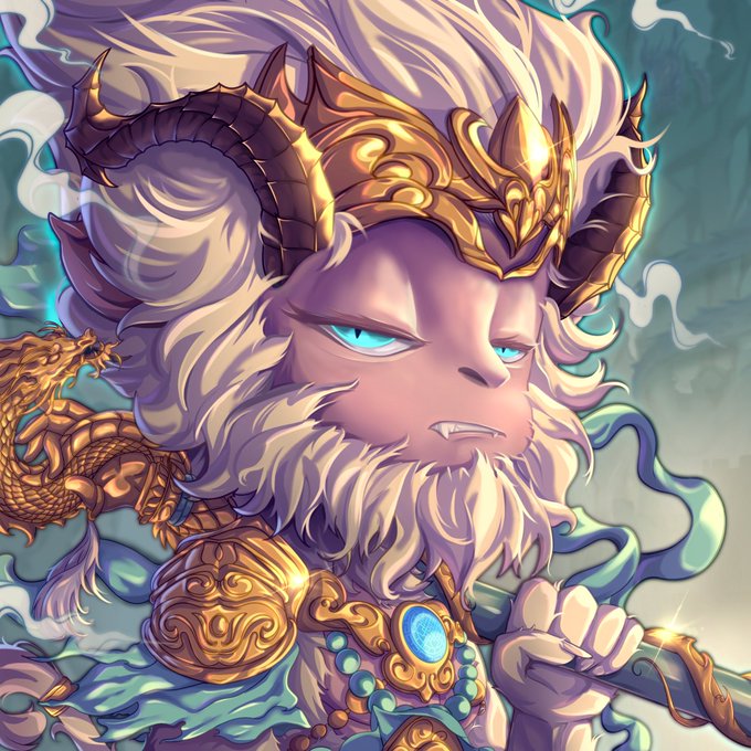A stylized digital illustration of a horned, purple-skinned character with flowing white hair and beard, wearing ornate gold armor and a glowing blue gem.