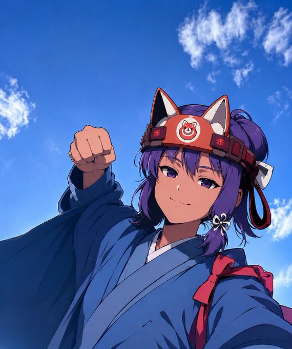 An anime-style illustration of a girl with purple hair wearing a red fox-themed headband and a blue kimono-like outfit, smiling and raising her fist against a bright blue sky.