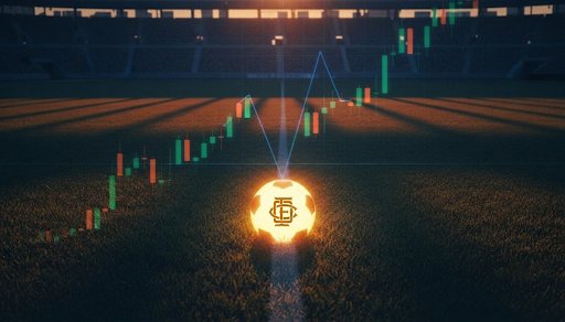 A glowing gold football-themed crypto token sits on a soccer field, overlaid with a candlestick chart showing a steep downtrend that mirrors OFC's ~85% crash from its all-time high. The visual combines the token's football branding with bearish price action, illustrating the post's warning about post-launch sell pressure and hype-driven decline.
