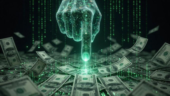 A digital illustration shows a glowing green wireframe hand pointing down at scattered hundred-dollar bills, with cascading green binary code in the background suggesting a cryptocurrency or hacker theme.