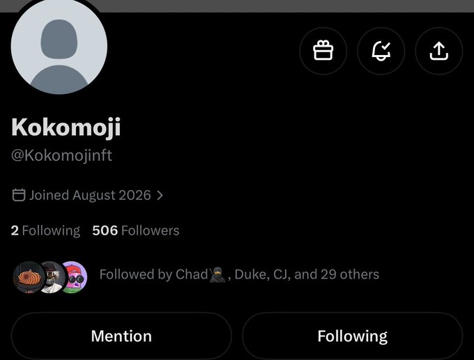 A Twitter/X profile page for 'Kokomoji' (@Kokomojinft) showing 2 Following, 506 Followers, joined August 2026, and a 'Following' button.