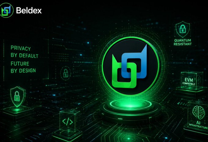 A promotional graphic for 'Beldex' cryptocurrency featuring the tagline 'PRIVACY BY DEFAULT FUTURE BY DESIGN' alongside features like 'QUANTUM RESISTANT' and 'EVM COMPATIBLE'.