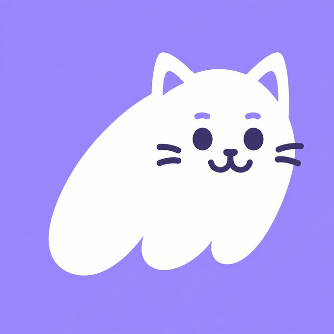 A simple cartoon illustration of a cute white cat with a smiling face, dot eyes, and whiskers, set against a solid purple background.