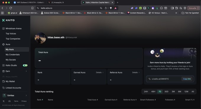 The image shows a Kaito platform dashboard for the user "hitas.base.eth (@hitasyurek)," displaying an empty Aura profile with no current rank, total Aura, earned Aura, or referral Aura, alongside a referral link (x.kaito.ai/GBK6TC) and a "Total Aura ranking" table with time filters (24H, 48H, 7D, 30D, etc.). The screenshot illustrates the user's empty starting point on the Aura leaderboard, aligning with their post about grinding to break into the top 200.